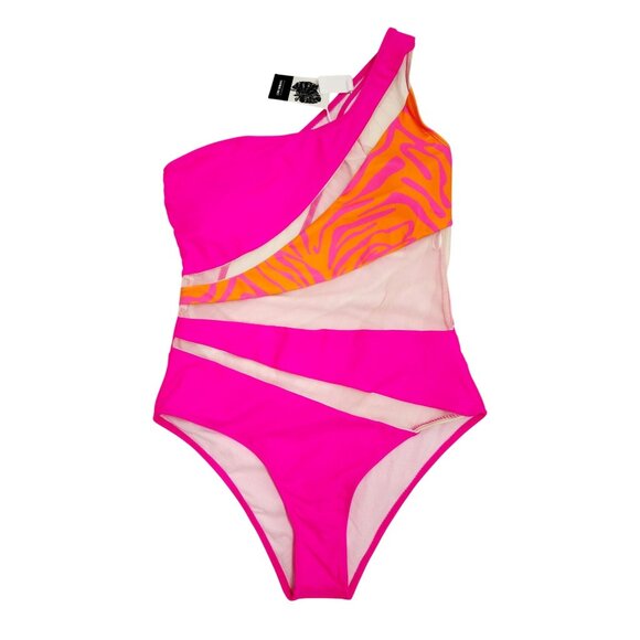 One-Shoulder Pink & Orange Mesh Cutout Swimsuit Zebra Print Size Medium  Swmmer - Picture 1 of 9